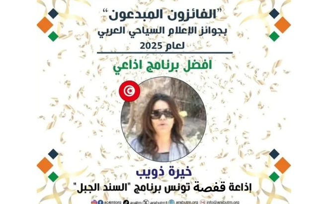 برنامج "السند الجبل" بإذاعة قفصة يفوز بأفضل برنامج إذاعي في مسابقة الاتحاد العربي للإعلام السياحي 2025